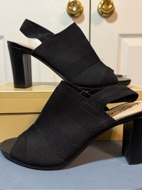 Life Stride Black Knit Slingback Block Heel Sandals 9.5